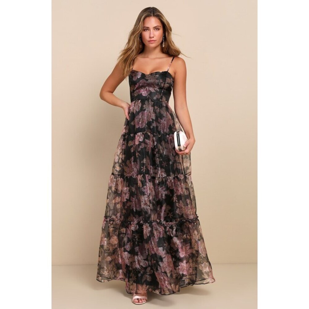 Lulus Exclusive Glamour Black Floral Organza Tiered Maxi Dress - Size L